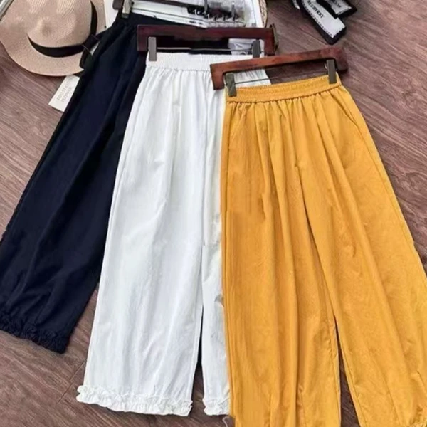 韩系木耳花边裤小个子九分阔腿直筒裤凉感休闲裤女