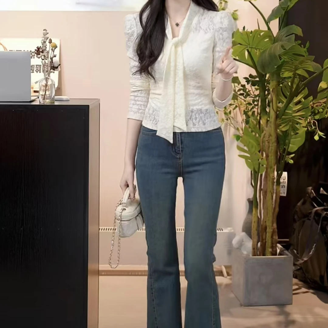 【蝶恋花溪】法式气质时尚设计感长袖蕾丝蝴蝶结衬衫上衣女