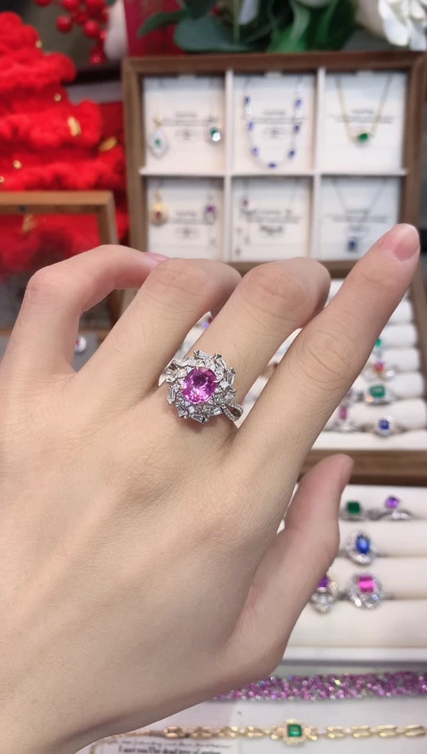 戒指彩色蓝宝石18K金镶嵌ct/天然宝石/七天无理由