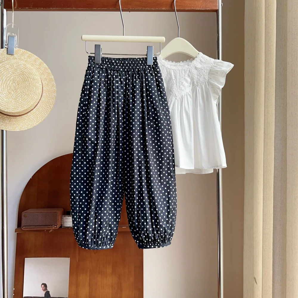 现货【松露】5801夏季女童纯棉九分裤束脚裤波点时尚女宝薄款休闲裤