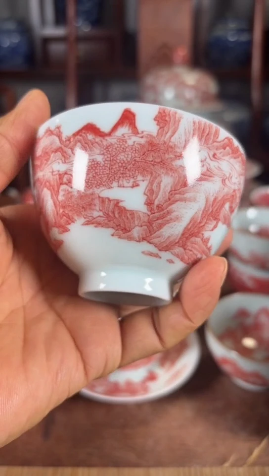 柴窑釉里红山水鸡心杯杯