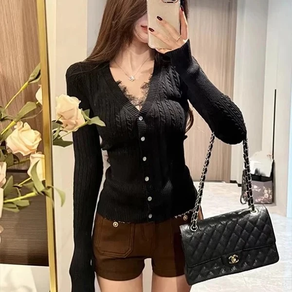 韩系纯欲蕾丝v领针织开衫女秋冬季修身显瘦内搭打底衫上衣#8521