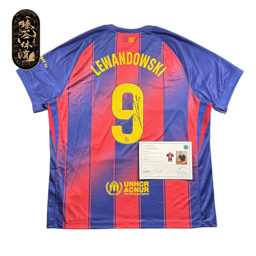 【铭人堂】莱万亲签巴萨25-26赛季主场球迷版球衣收藏（EM认证）