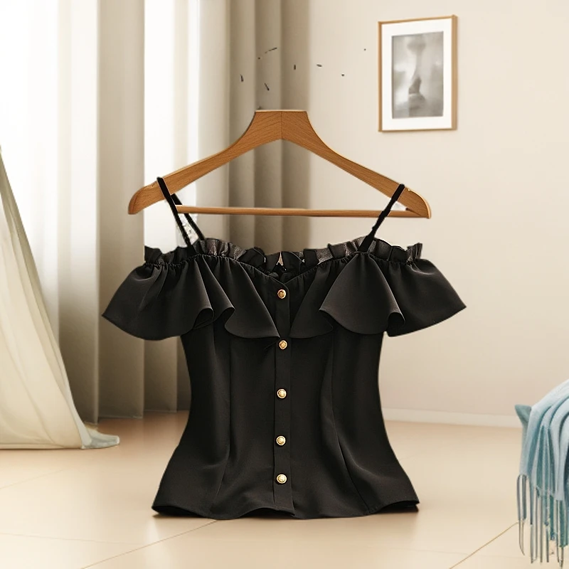 2025夏季新款韩版时尚气质显瘦百搭荷叶边衬衫洋气减龄一字肩上衣