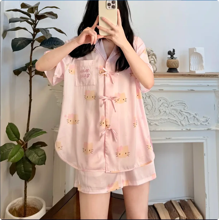 二姐黑皮HelloKitty星光缎蝴蝶结甜美家居服套装短袖长袖吊带睡衣
