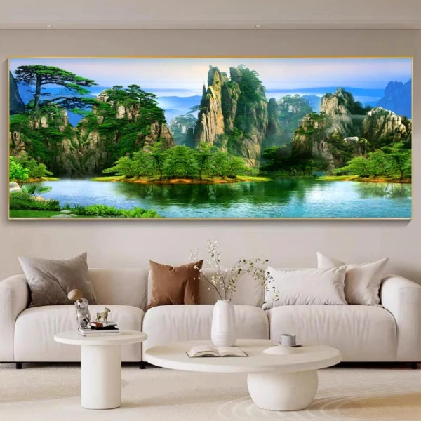 山水聚宝盆装饰画客厅沙发背景墙镶钻晶瓷装饰挂画沙发背景装饰画