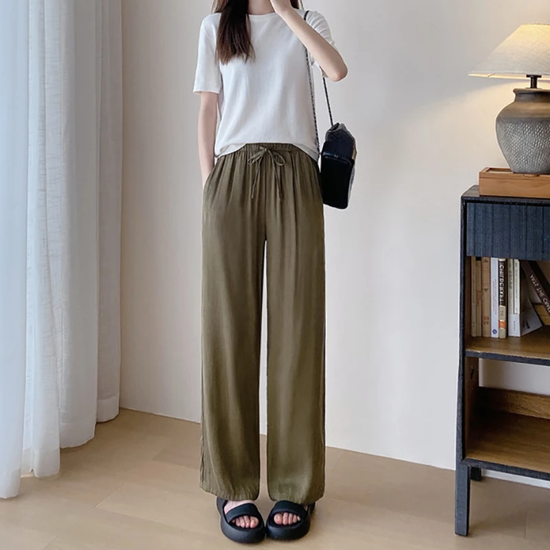 宝丫轻奢  T女式复古简约抽绳宽松垂感直筒休闲裤K2505