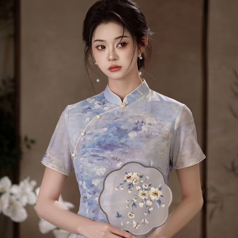 【青未了】2025夏季新款气质莫奈油画风弹力网纱双层旗袍 衣长120