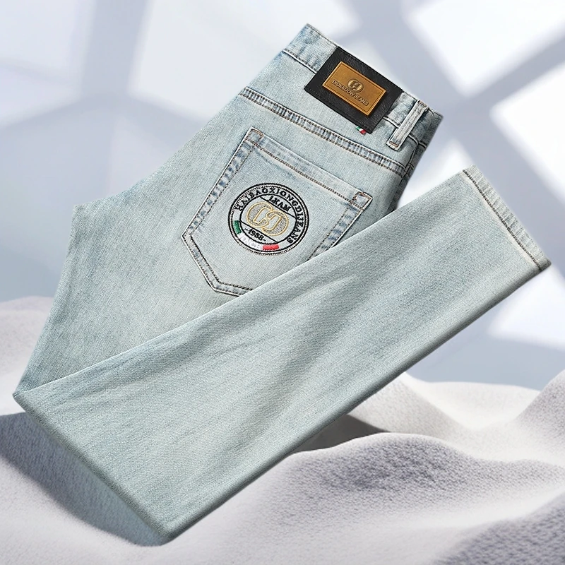宾斯洛特时尚复古蓝牛仔长裤男夏季休闲百搭小直筒青年时尚潮流