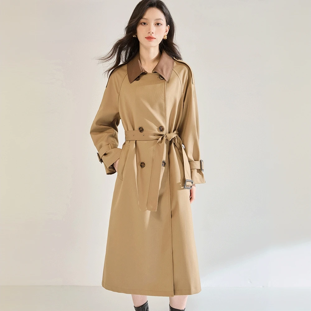 2025秋通勤双排扣风衣撞色中长款英伦风百搭气质外套女士系带风衣