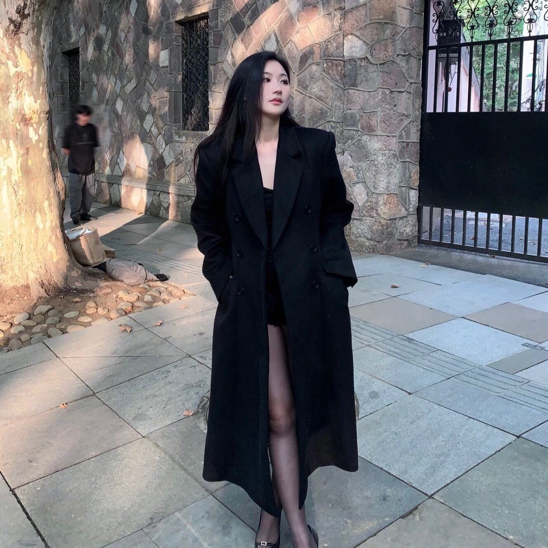 Vera Seriase设计师品牌 冬季时尚黑色长款羊毛大衣2H4C1DY801