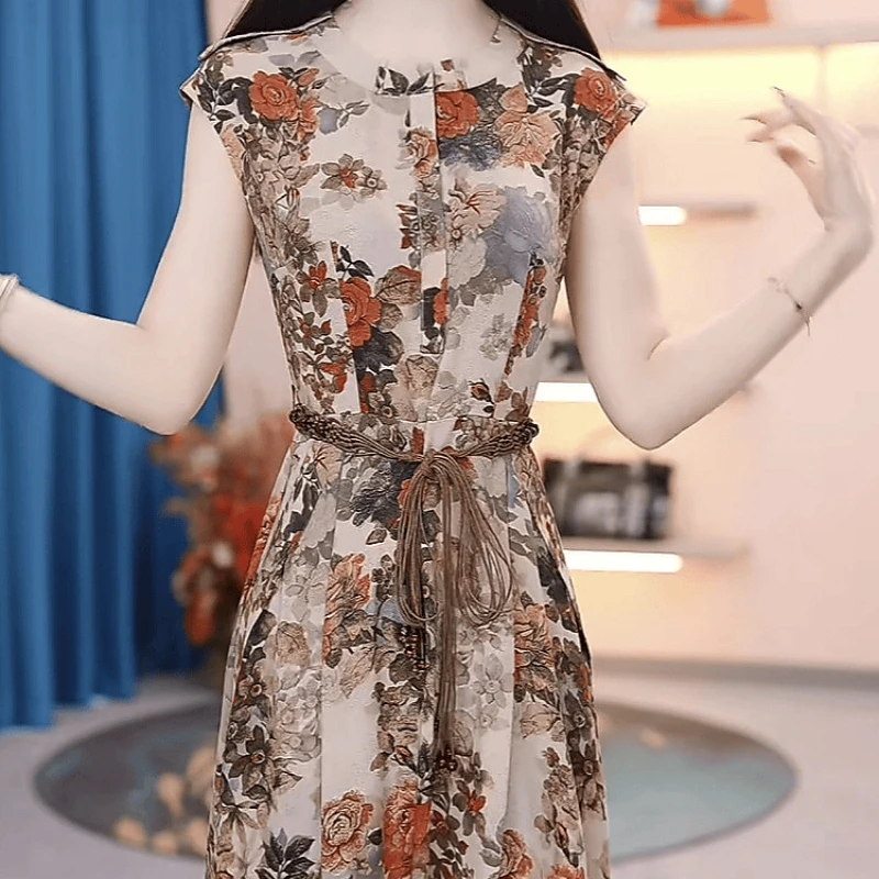 2025夏季新款高端轻奢时尚优雅气质印花修身显瘦中长款短袖连衣裙