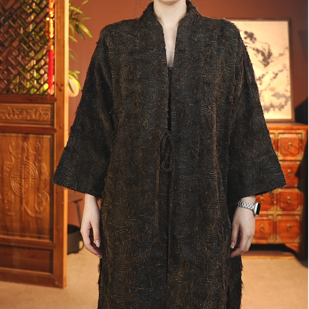 柞蚕丝云雾飘拉毛长款双面穿茶服外套A-105-40279