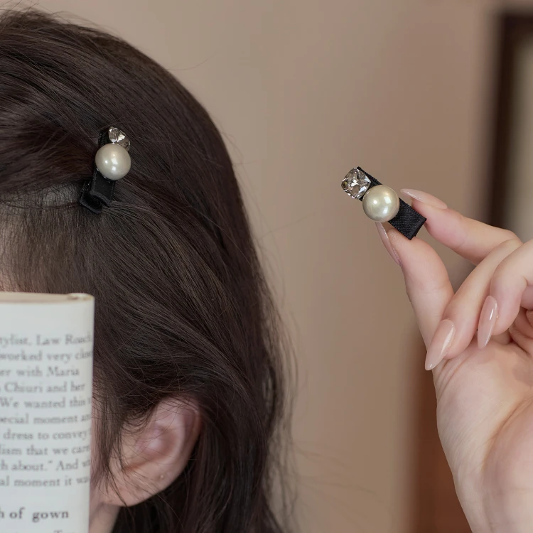 小号珍珠侧边鸭嘴夹蝴蝶结发卡高级感前额碎发夹子水钻迷你刘海夹