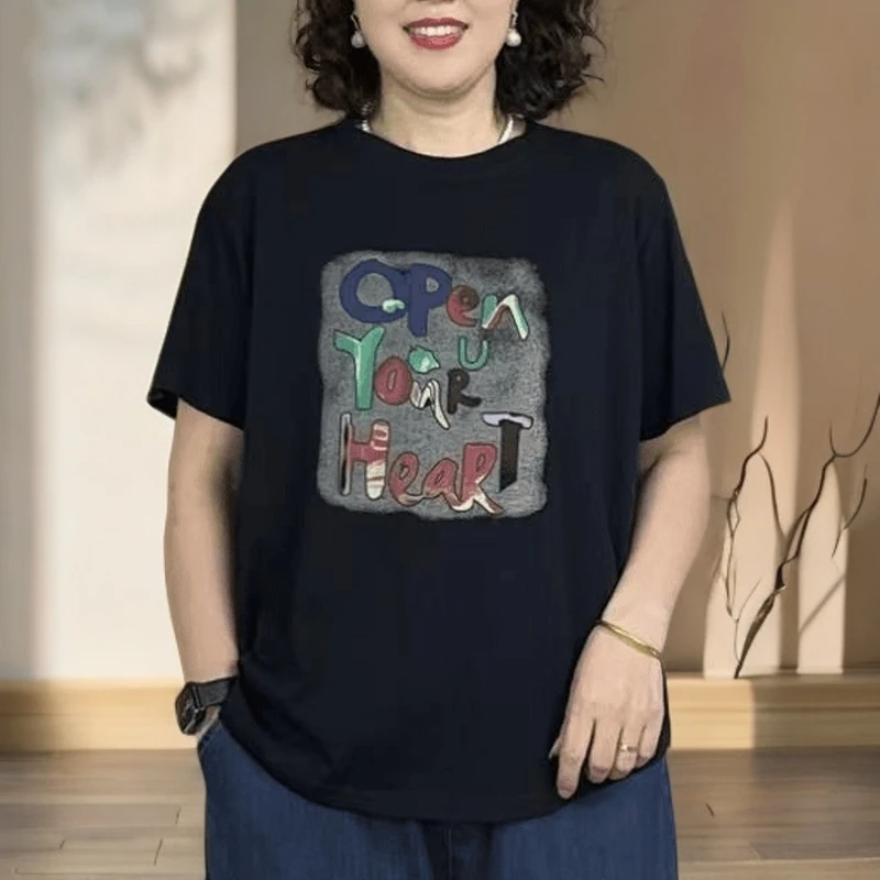 时尚妈妈装圆领短袖T恤夏季新款洋气减龄百搭中老年宽松显瘦上衣