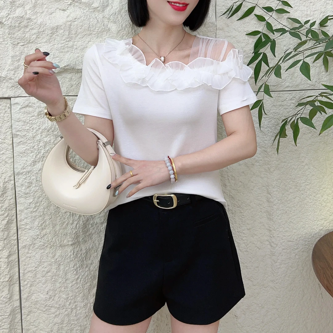 夏季新款时尚洋气短袖T恤显瘦减龄百搭休闲漏肩不规则领气质上衣