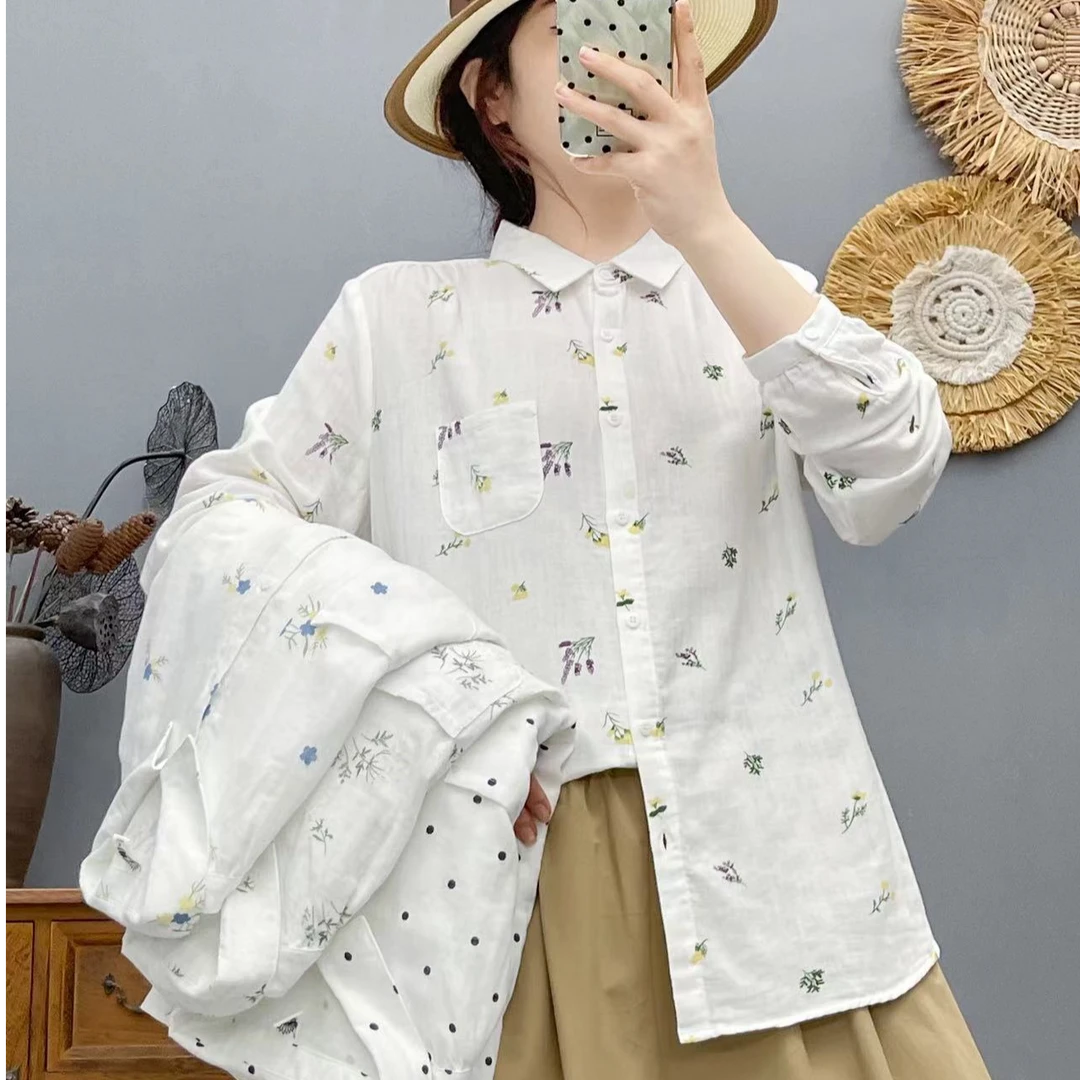 碎花纯棉长袖衬衫女春秋季方领复古文艺宽松休闲双层棉纱衬衫女