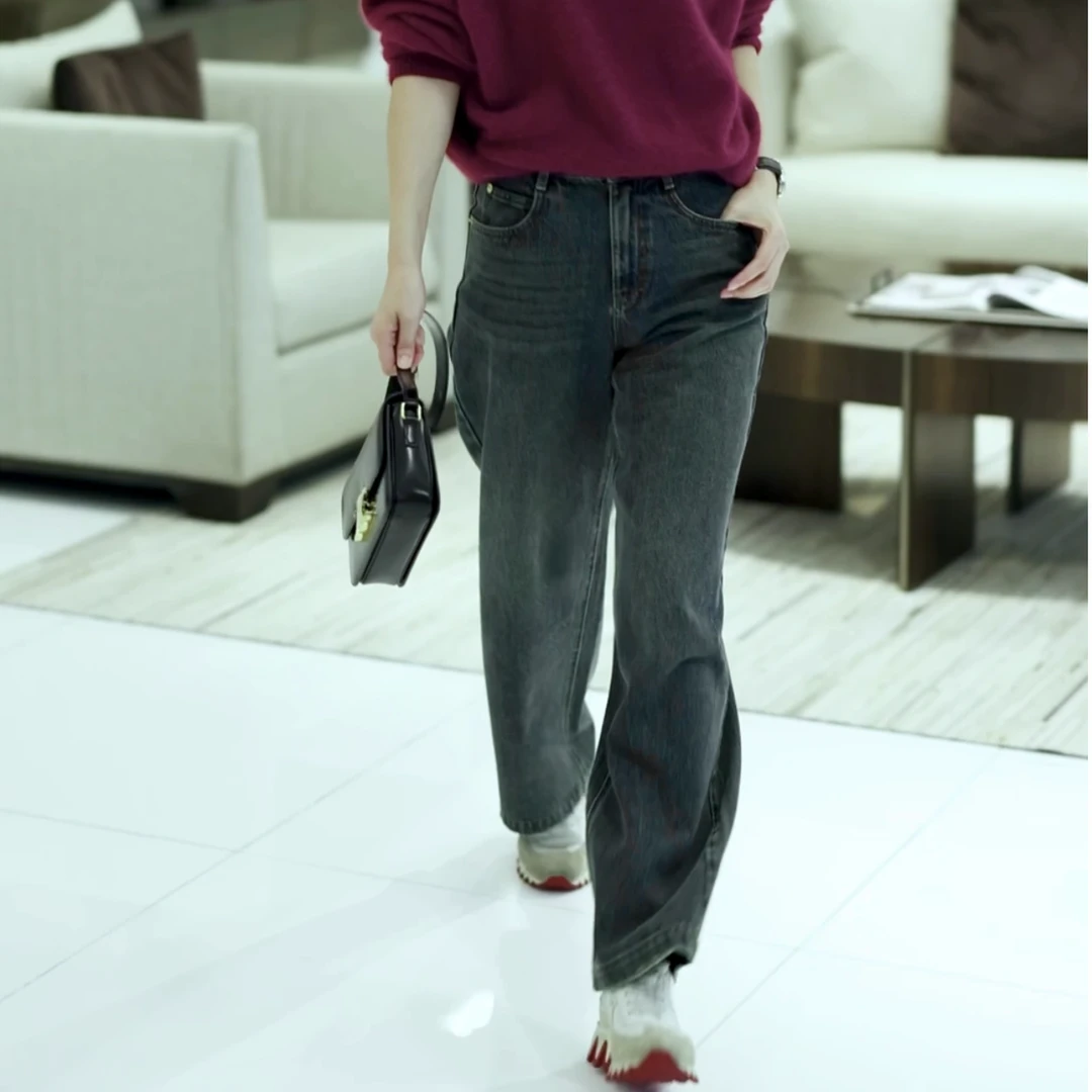 VCOS复古蓝百搭高腰直筒牛仔裤