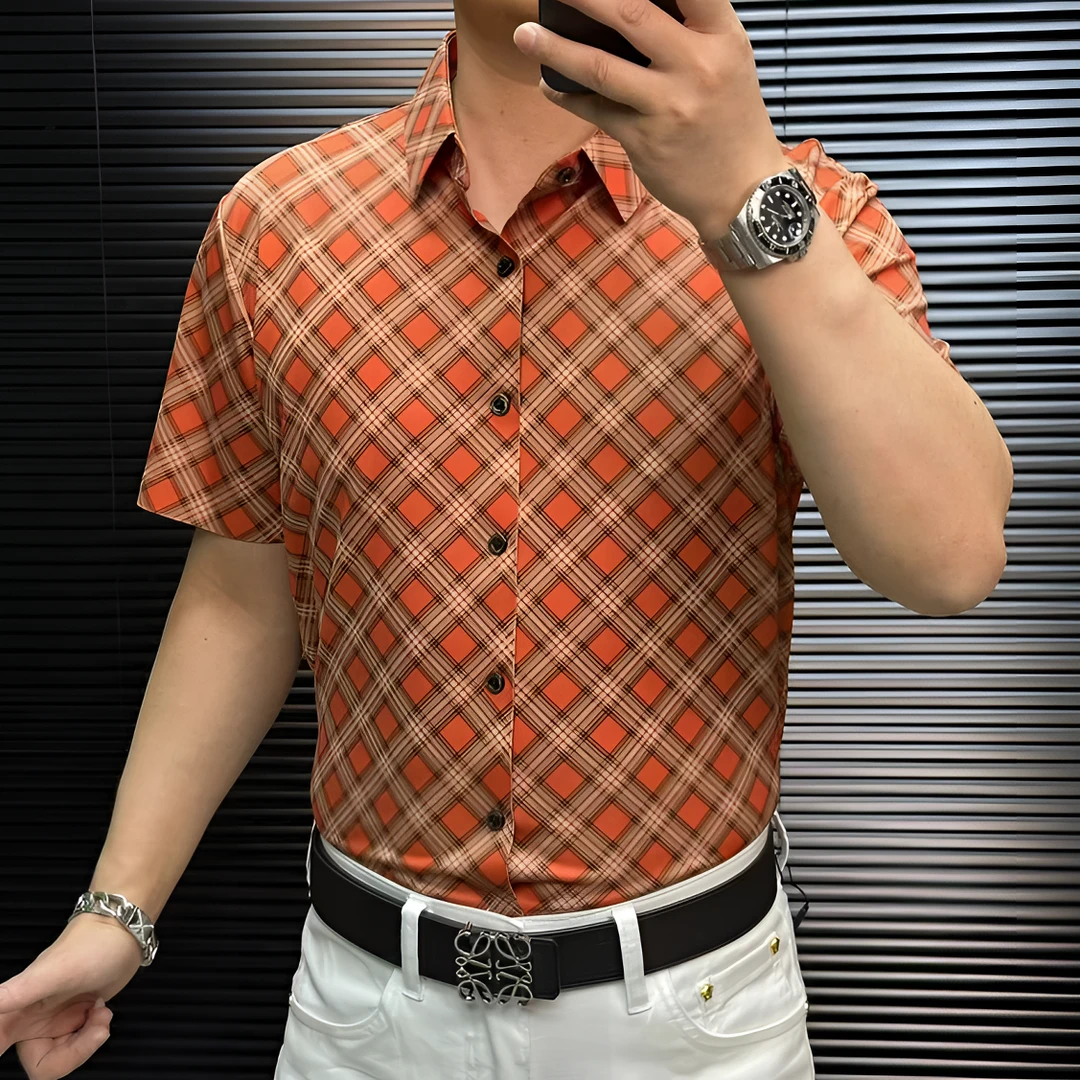 FLD甄选25年桑蚕丝高弹力免烫百搭休闲网红男士格子印花短袖衬衫