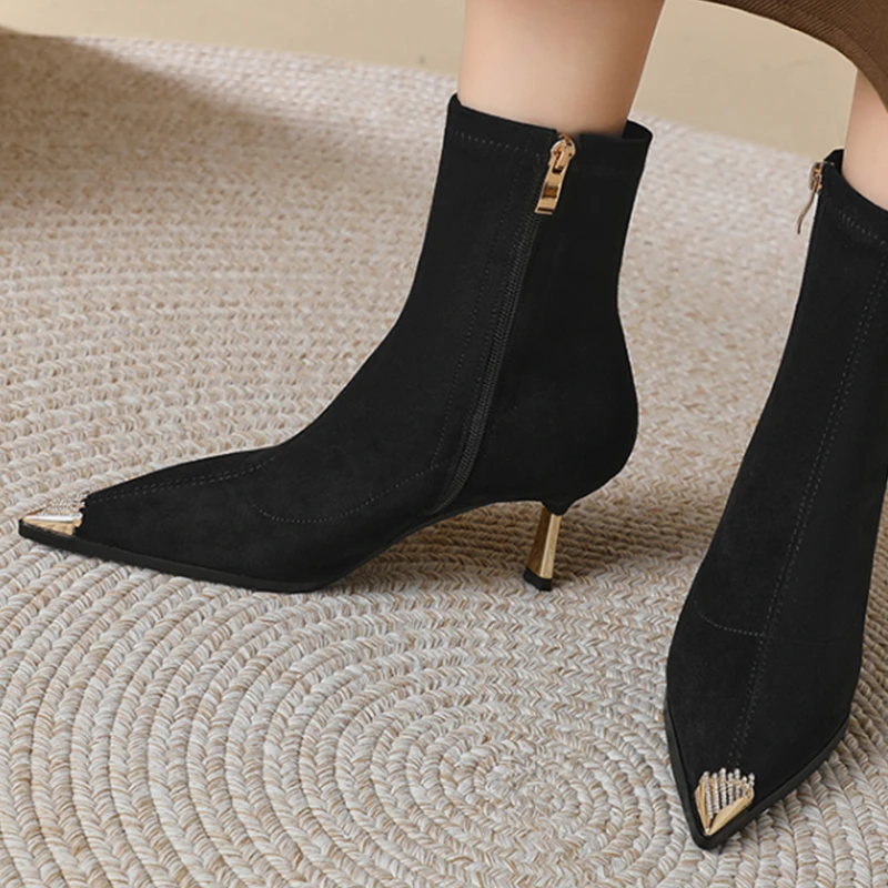 瘦瘦靴气质高跟尖头法式加绒短靴女细跟显瘦单靴时尚W023-D1210