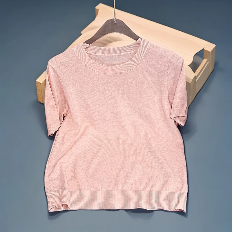【现货】2025针织短袖圆领轻奢上衣春夏季打底刺绣简约千金体恤1001