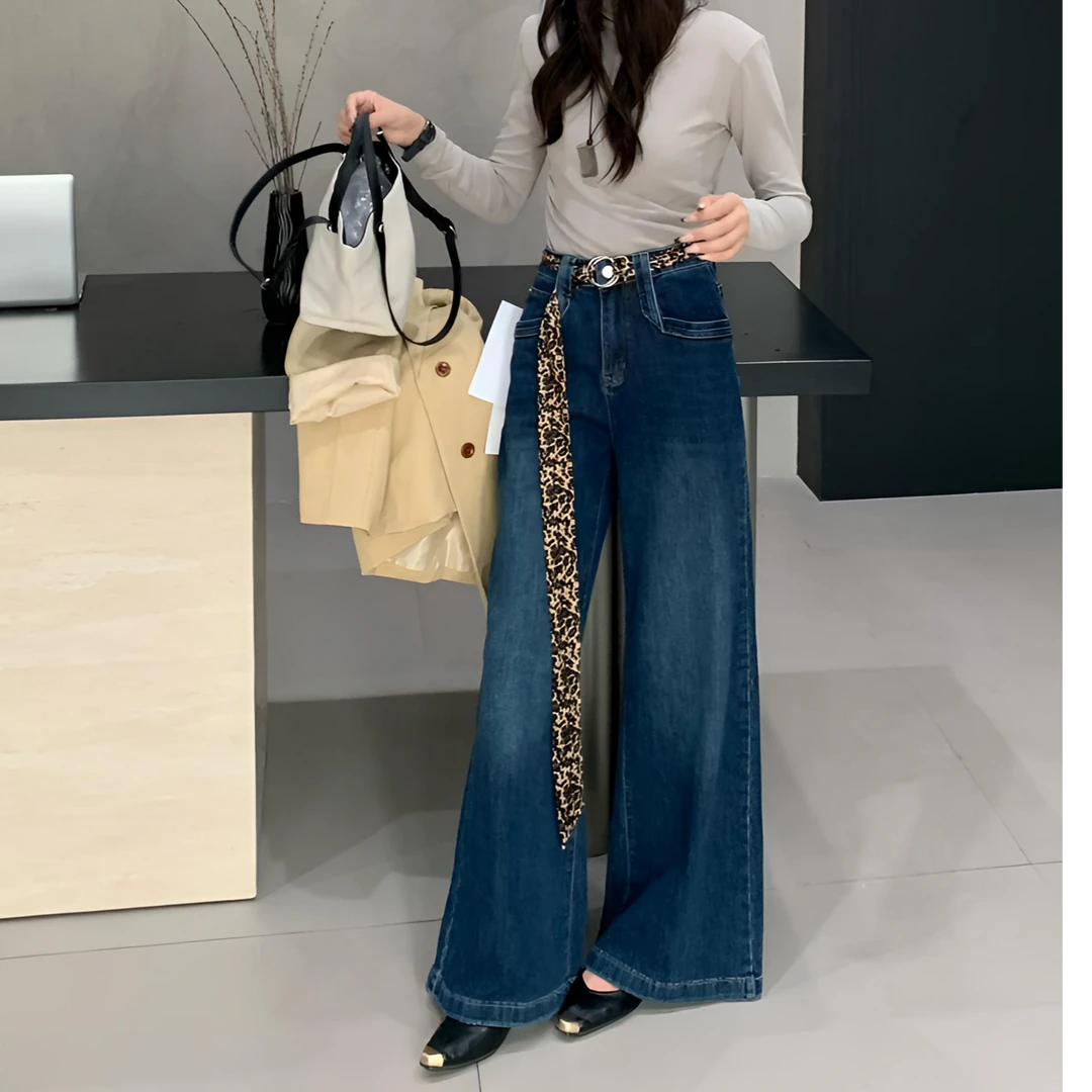 瑞免【复古蓝】秋季 显瘦 气质 复古 宽松 显高 直筒 喇叭牛仔裤