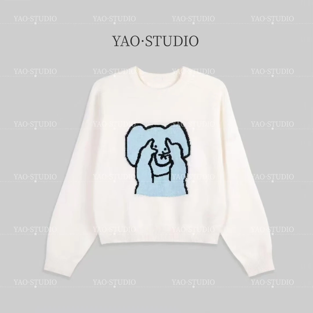 [小象毛衣]~卡通宽松网红慵懒风套头毛衣时尚百搭长袖轻奢针织