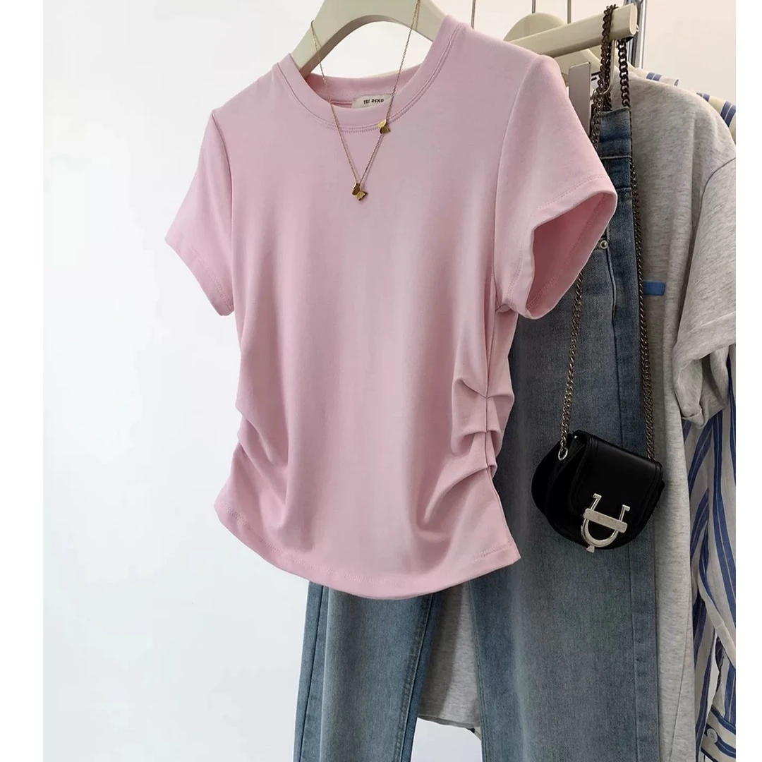 2025夏季新款小蛮腰抽皱棉T短袖
