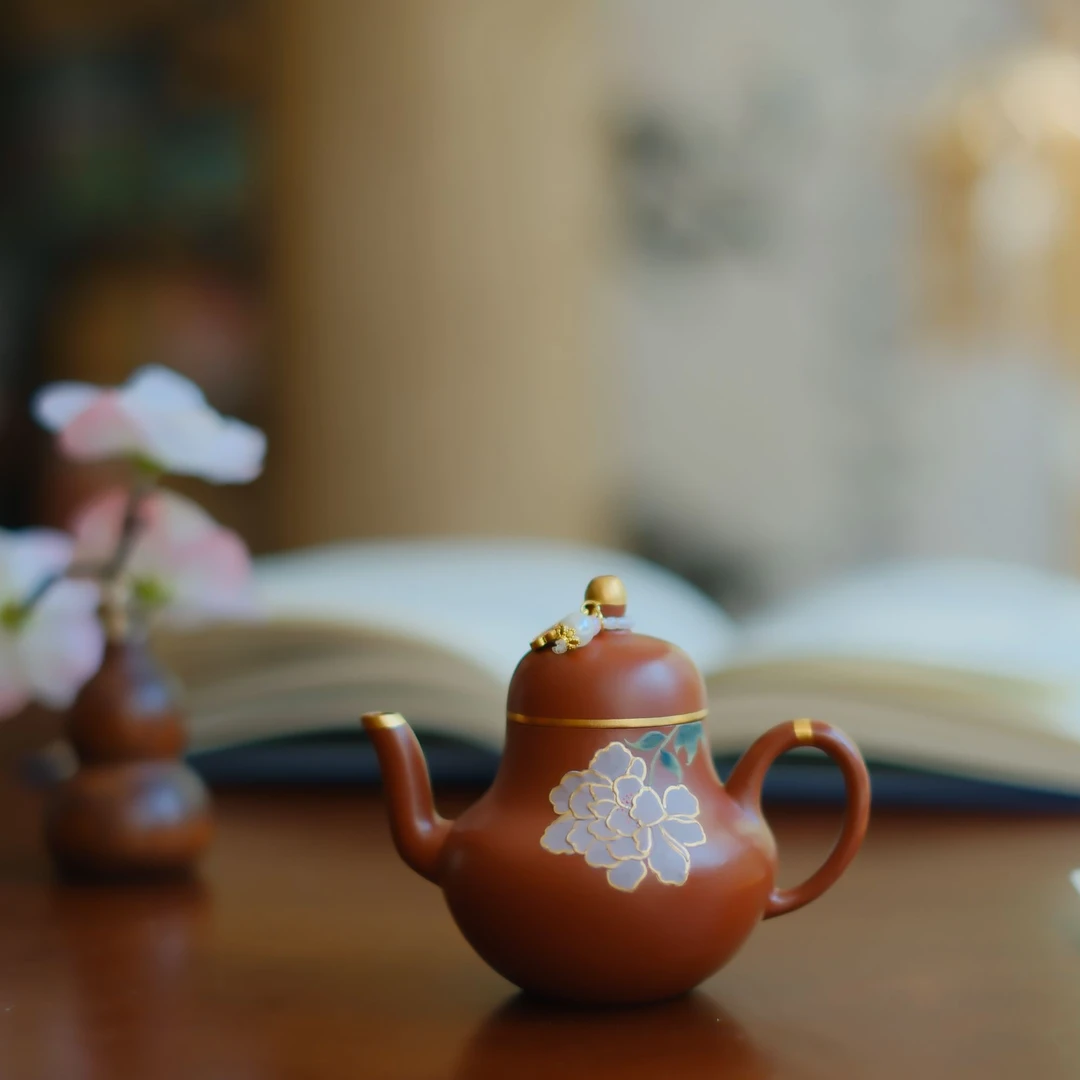 大碗茶器 【清水牡丹花】原矿朱泥紫砂手工手绘思婷壶泡茶壶130cc
