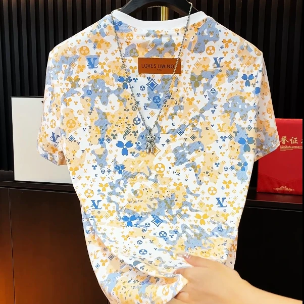 BW夏季T恤提花短袖显瘦修身衬衫欧美简约白色印花渐变-K-180