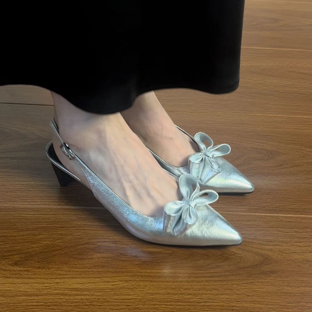 5CM牛皮财阀千金高级尖头凉鞋包头粗跟蝴蝶结凉鞋百搭高端时尚鞋