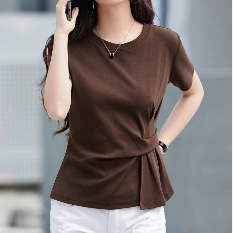 短款短袖T恤女2025夏季新款不规则遮肚子微胖显瘦设计感纯棉上衣