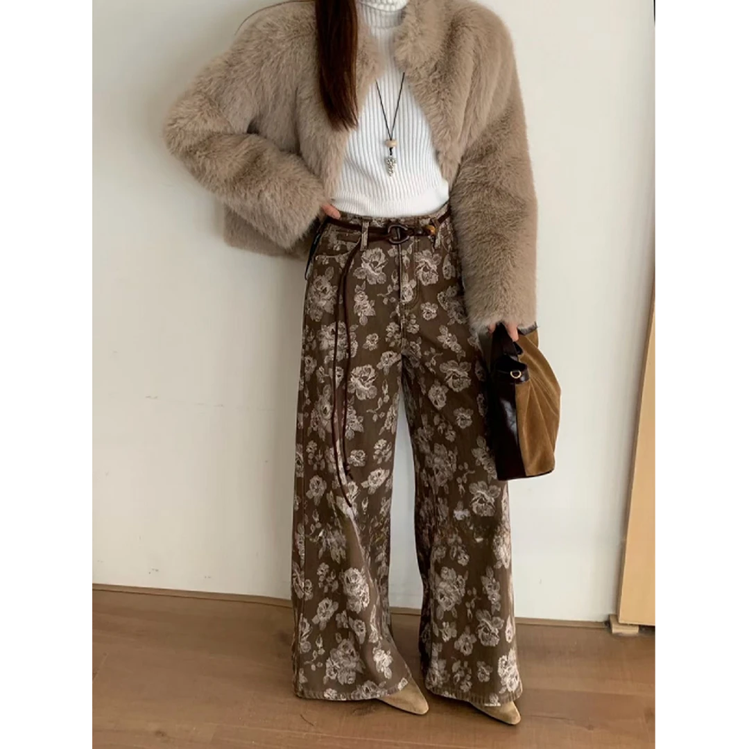 柔软舒适印花设计感撞色复合绒阔腿牛仔裤女秋冬新款宽松潮款裤子