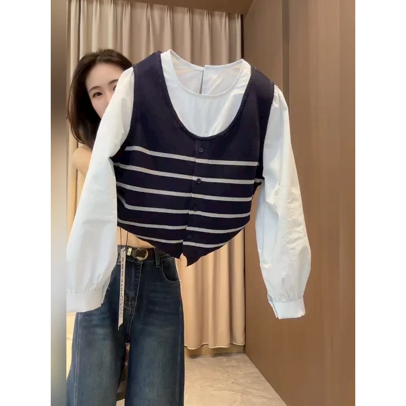 韩系藏蓝色条纹假两件衬衫女2025春秋新款小众宽松显瘦软糯针织衫