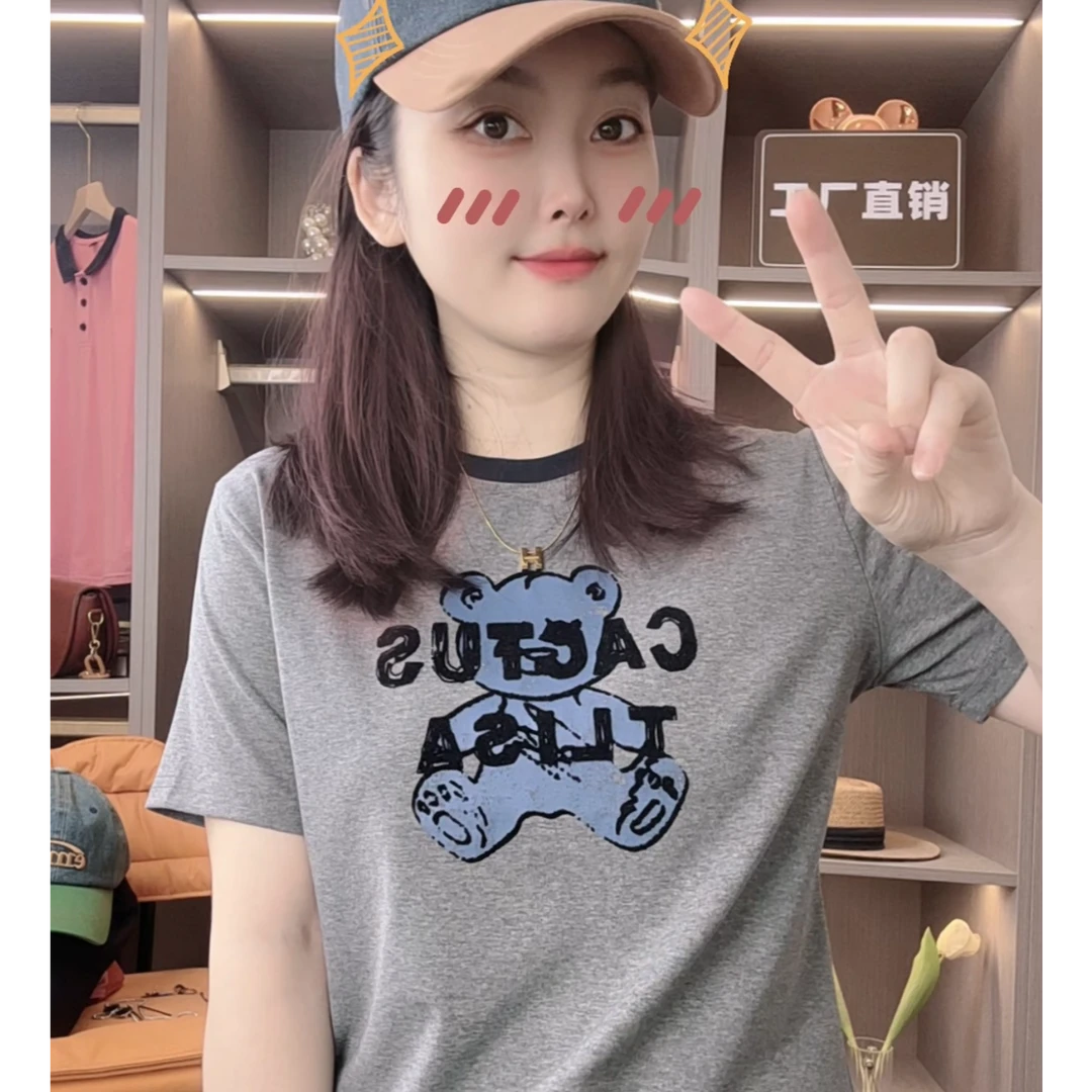 【蓝色熊】定制款韩系风趣味植绒印花圆领棉短袖T恤女款