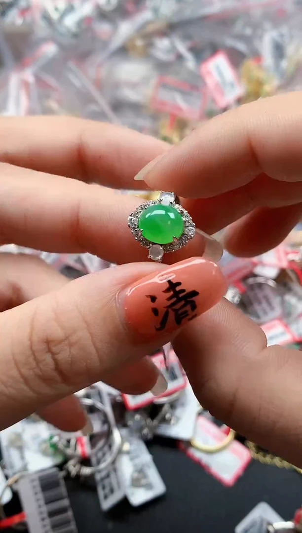 银S925镶嵌戒指翡翠天然A货缅甸翡翠