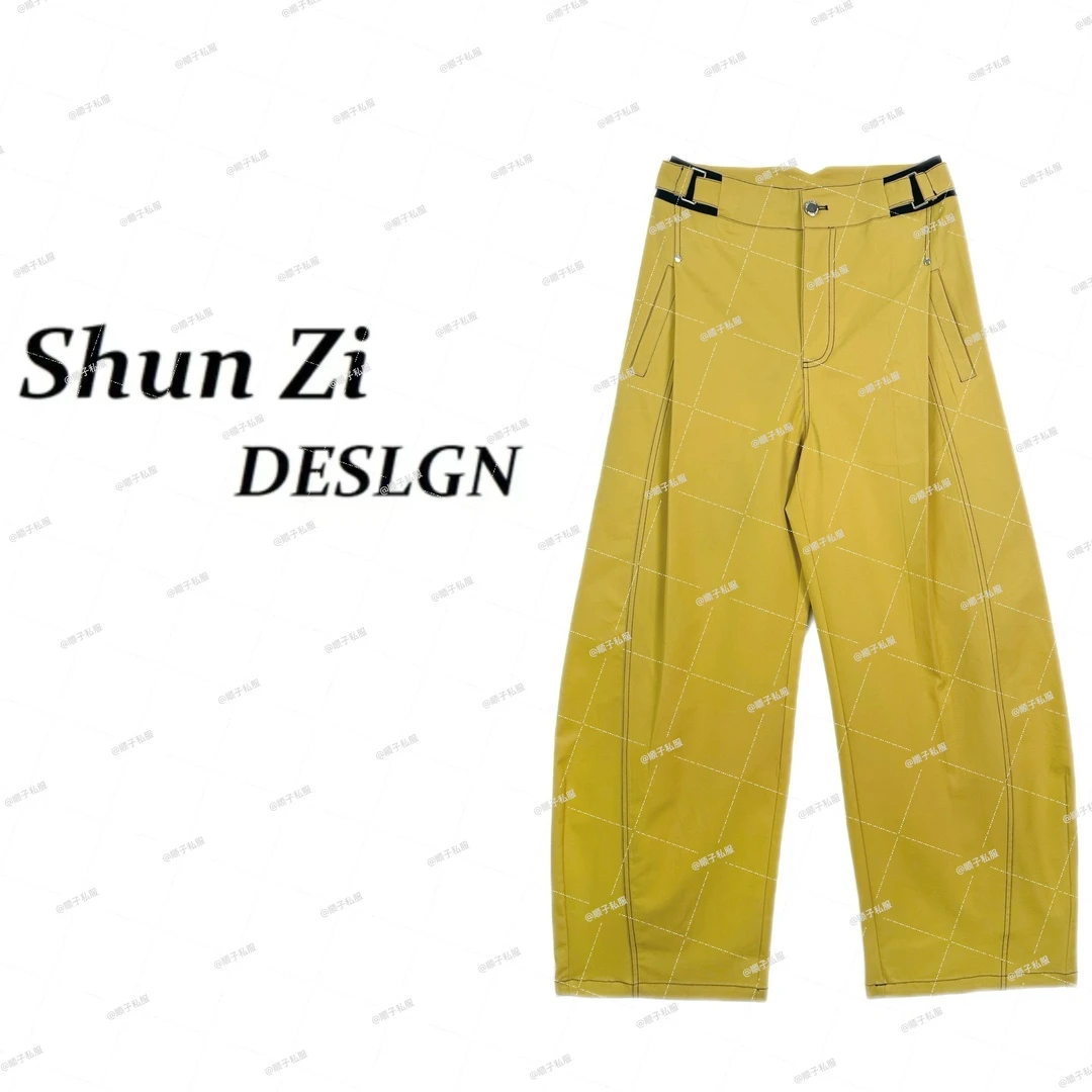 顺子/SZ7091 莱赛尔+醋酸明线拼接撞色隔断设计显瘦压褶小弯刀裤