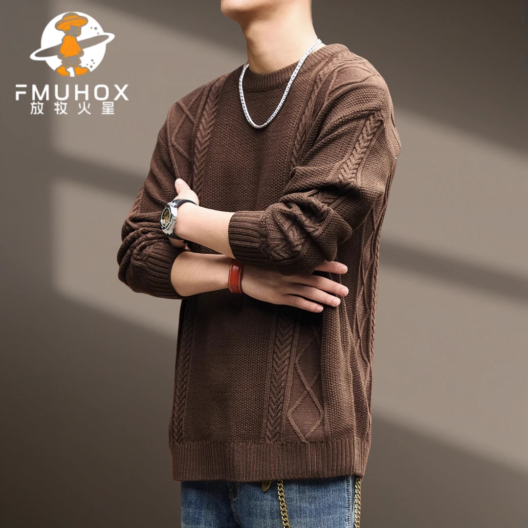 @放牧火星 高端慵懒风毛衣男秋冬加厚粗线麻花上衣复古潮牌针织衫