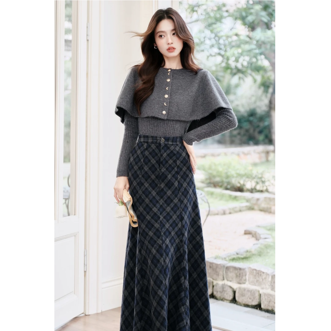 巨好看冬装套装韩系斗篷披肩打底针织衫毛衣半身裙两件套女