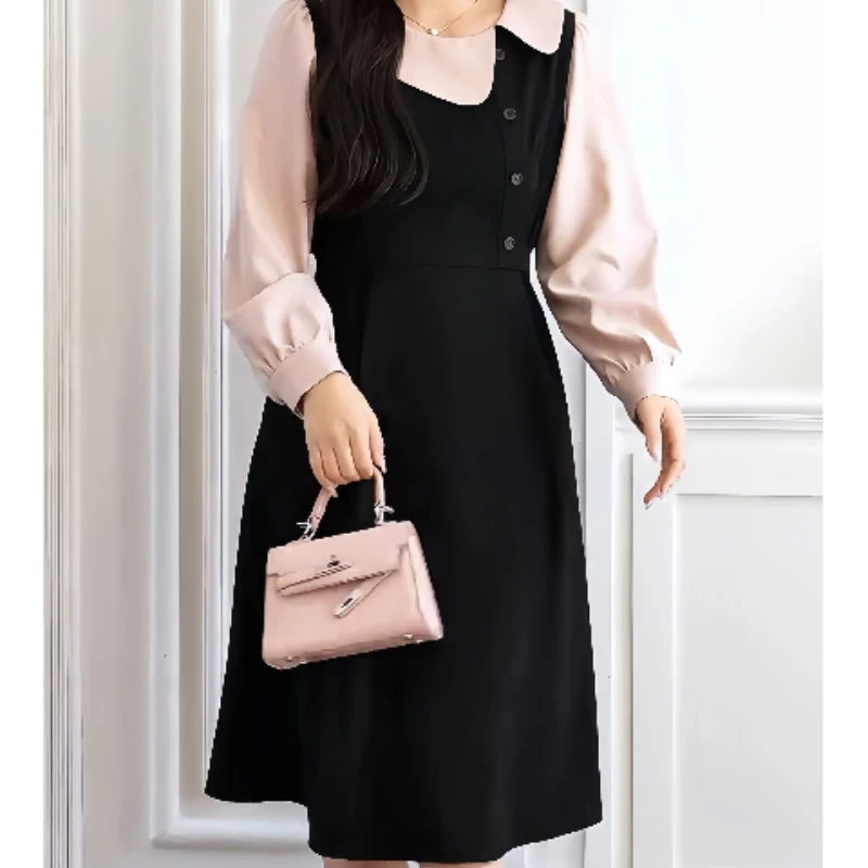 大码女装初秋法式气质娃娃领显瘦胖mm长袖假两件连衣裙时尚设计感