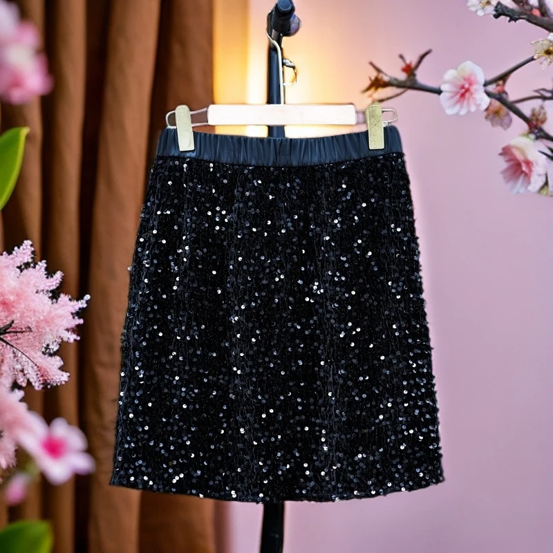 【美丽动人】春夏季短裙欧洲站亮片高腰A字时尚百搭显瘦气质洋气