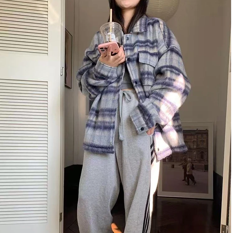 悦享女装2024冬季新款韩系加厚大码撞色呢子外套保暖个性百搭上衣