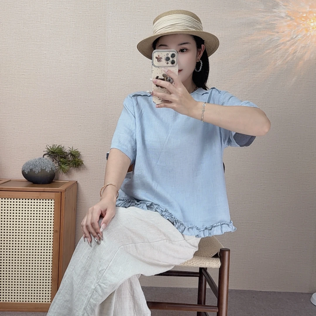 9038【100%进口亚麻】木耳边前后两穿小衫设计师高定款夏季宽松