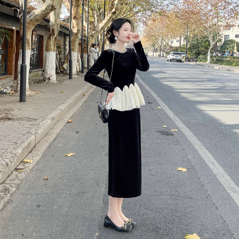 女法式黑色长袖上衣高腰半身裙两件套2025春装新款丝绒连衣裙套装