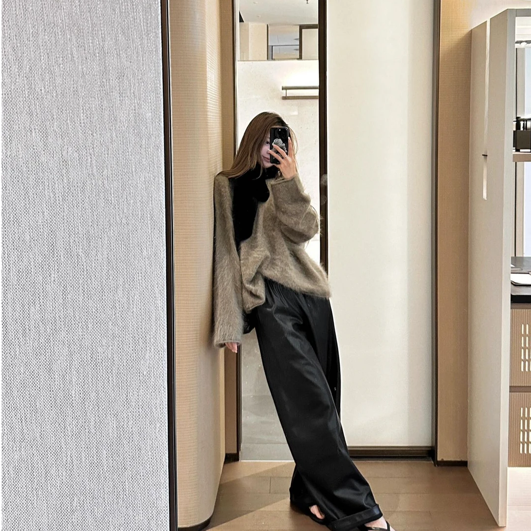 秋季新款时尚套装气质显瘦洋气毛毛长袖宽松上衣休闲百搭宽松长裤