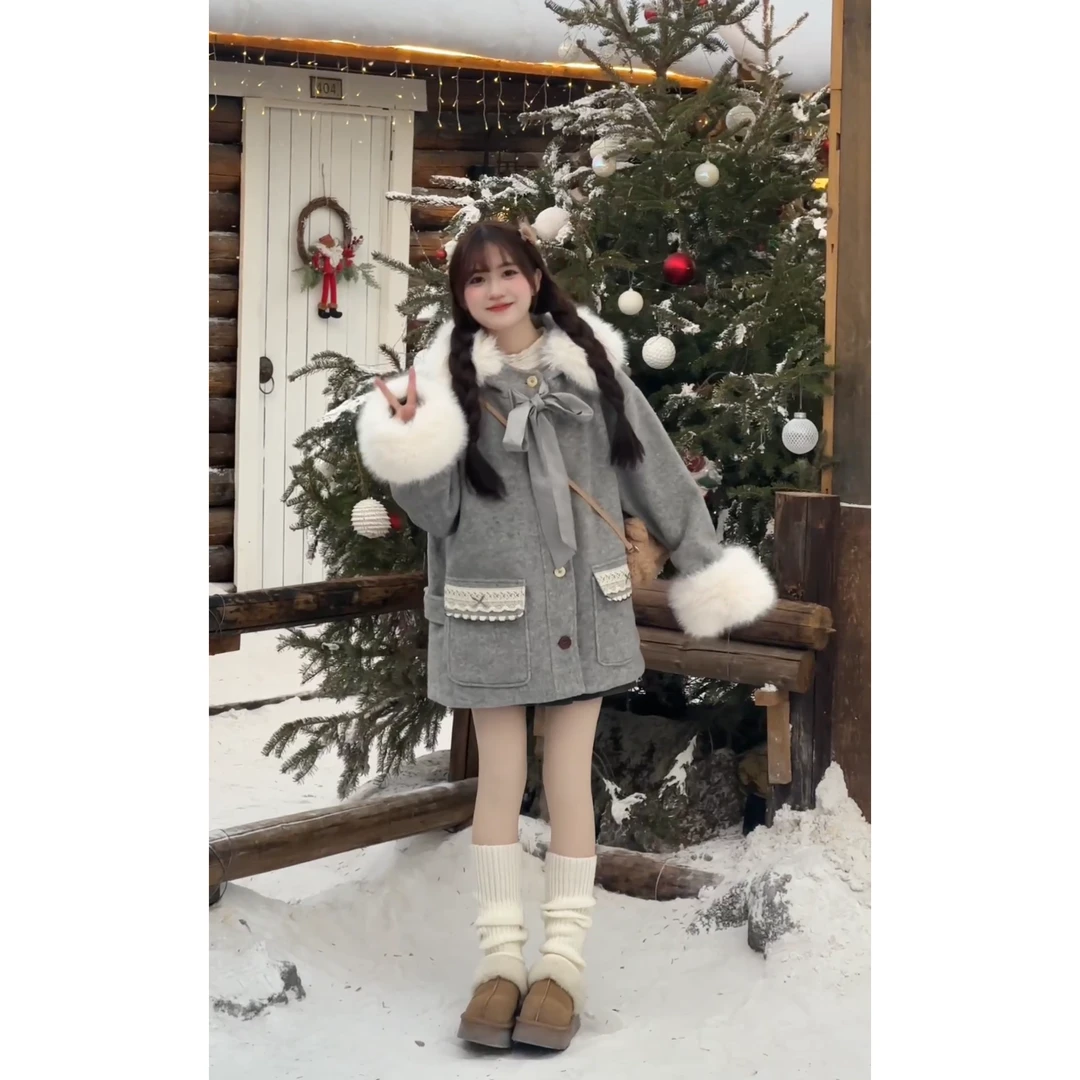 灰色大毛领冬季加棉中长款连帽毛呢大衣圣诞新年