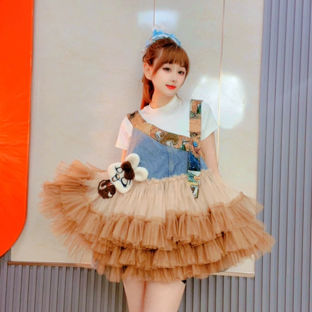 2177【熙妮潮牌】潮牌设计师私人定制兔子玩偶吊带牛仔背带裙宽松