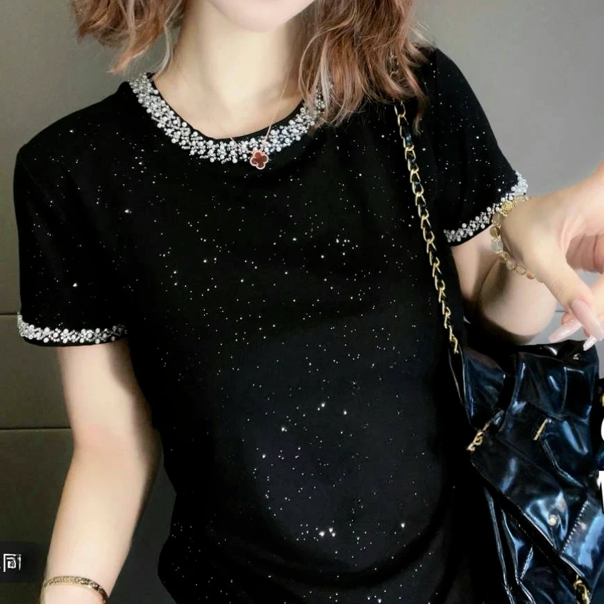 设计感时尚满天星短袖T恤女2025夏季新款重工收腰褶皱显瘦上衣