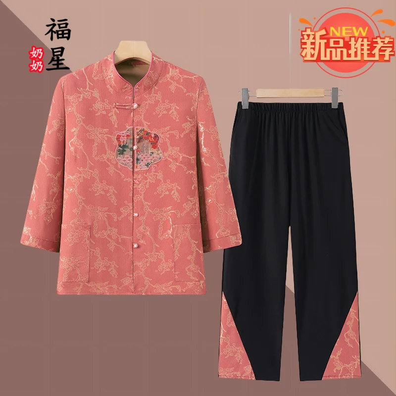 老人老太中国风奶奶装中老年妈妈装套装夏季圆领时尚七分袖  绣花
