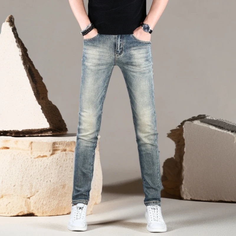 诺顿雷斯复古蓝色牛仔裤男款秋冬新款潮牌修身小脚裤弹力长裤爆款